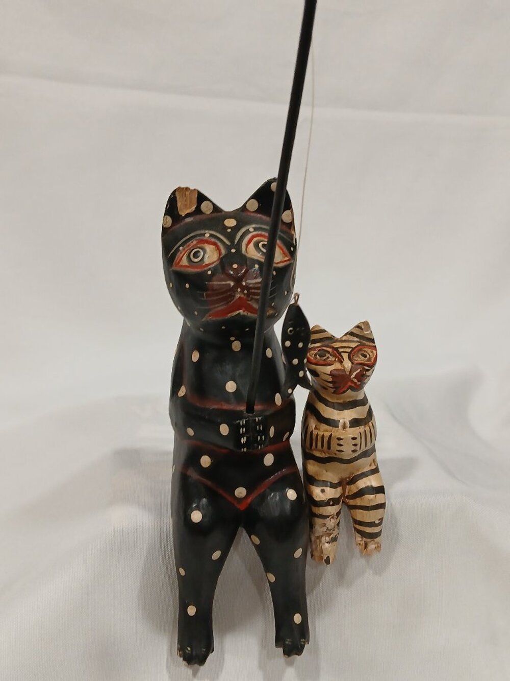 Indonesian Wooden Fishing Cats Figurine Set Hand Painted Folk Art Shelf Sitters
